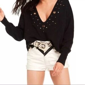 Women's Black Wildfox Cline Embellished Grommet Pullover Sweater | Size XS